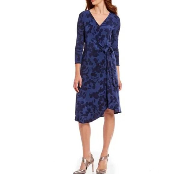 ✨ H Halston Midi Dress Wrap Summer Navy Blue Lightweight Small - Picture 1 of 9